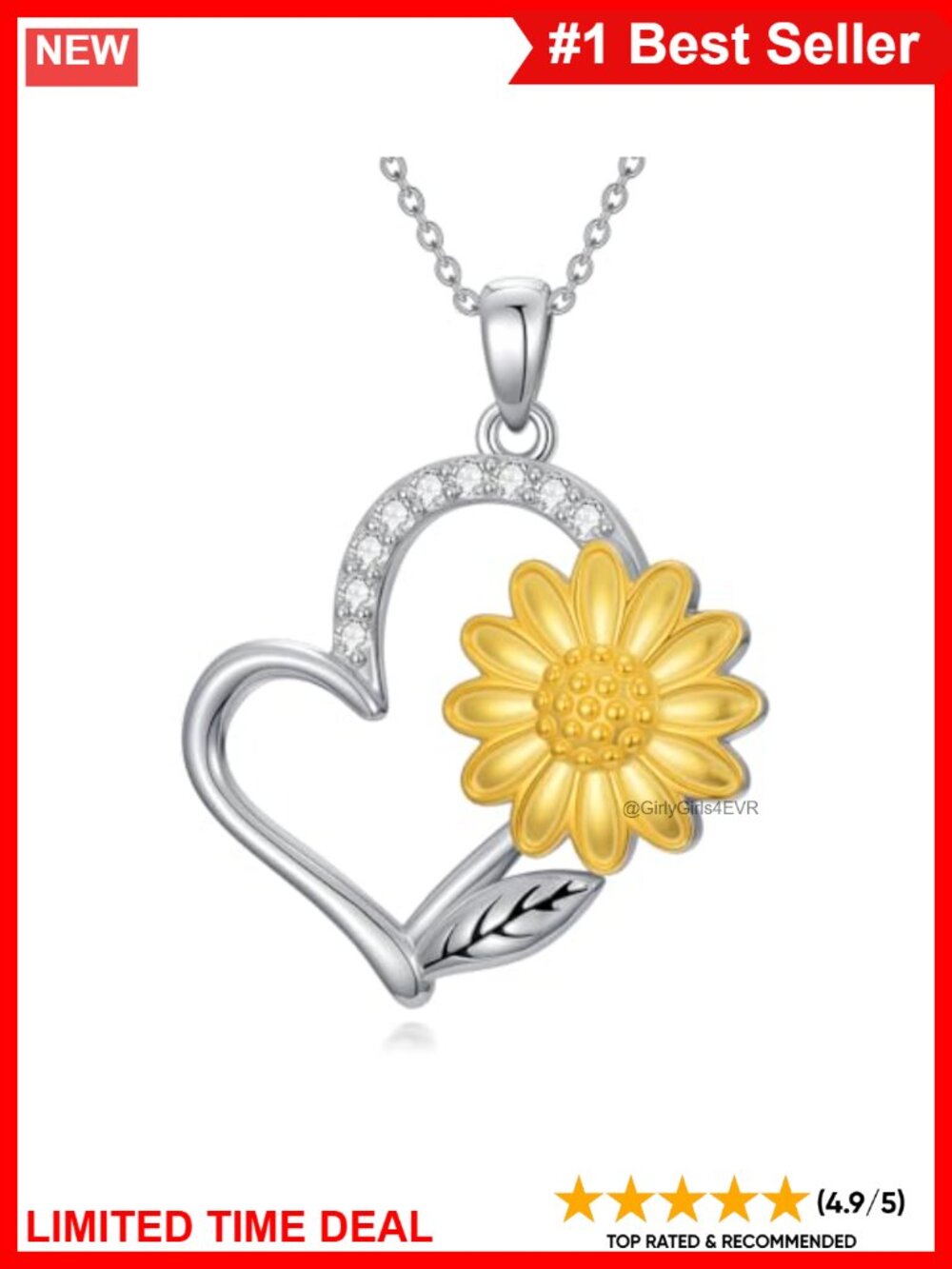 Sunflower Pendant Necklace 18K White Gold Plated Silver Lab Grown Diamond 18+2"